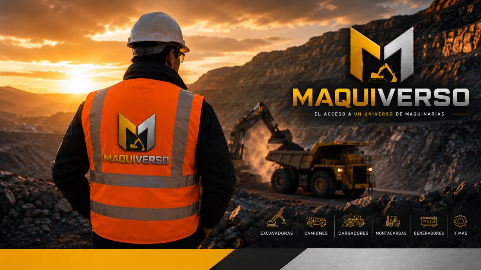 MAQUIVERSO — operario en faena minera al amanecer con maquinaria pesada Caterpillar y Komatsu
