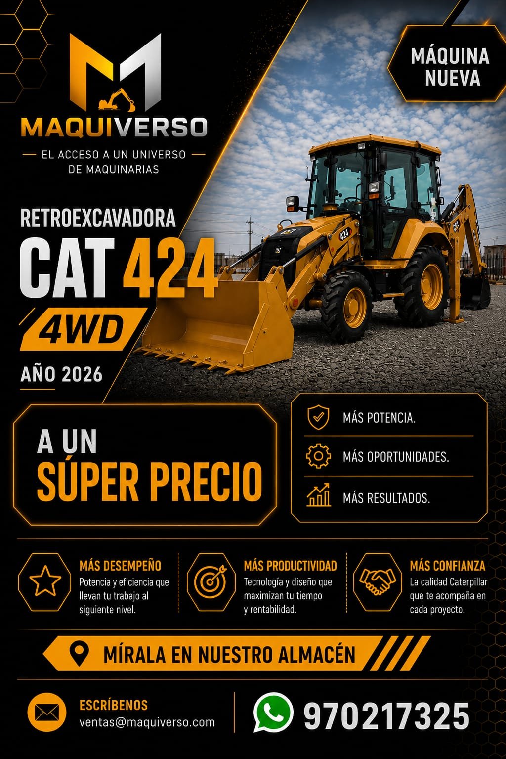 Retroexcavadora Caterpillar 424 4WD año 2026 — máquina nueva a súper precio